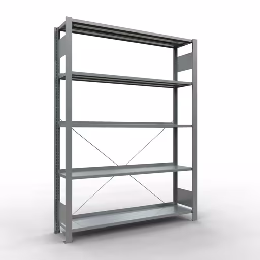 Grundregal, Büro-Fachbodenregal Stecksystem MULTIplus85, 1800 x 1300 x 300 mm (HxBxT), 5 Fachböden, Kreuzstrebe, verzinkt, mit Anschlagleiste aus der Kategorie Stecksystem mit der Artikelnummer 17702