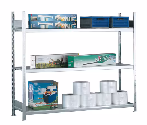 Abbildung Nr 7 des Artikels Grundregal, Weitspannregal WS 2000 mit Stahlböden, 2000 x 1500 x 800 mm (HxBxT), verzinkt, 3 Ebenen, Fachlast 400 kg, Feldlast 1.200 kg aus der Produktgruppe Weitspannregale von der Marke Schulte Lagertechnik