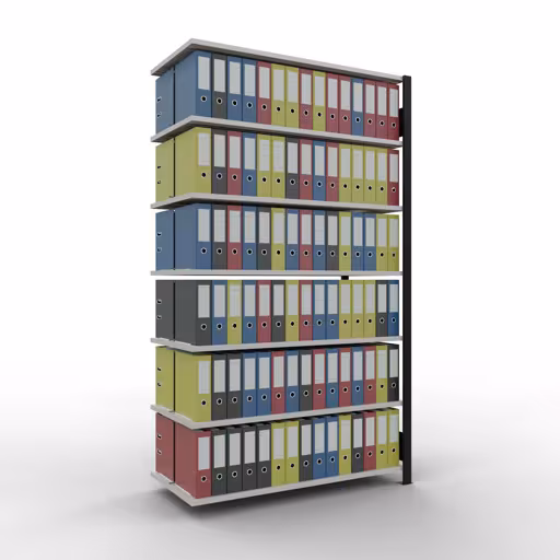 Abbildung Nr 12 des Artikels Anbauregal, Büro-Fachbodenregal Stecksystem MULTIplus150, 2300 x 1300 x 600 mm (HxBxT), 7 Fachböden, Längenriegel, mit Mittelanschlag, schwarz/lichtgrau aus der Produktgruppe Büroregale von der Marke Schulte Lagertechnik