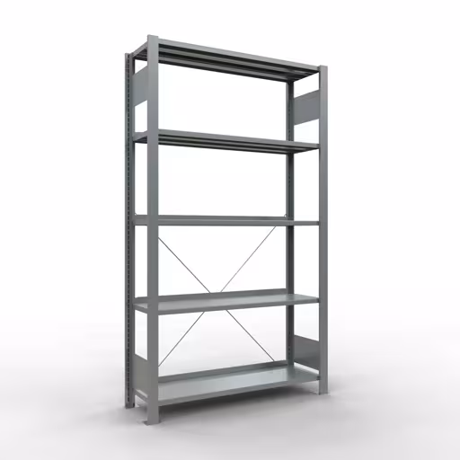 Grundregal, Büro-Fachbodenregal Stecksystem MULTIplus85, 1800 x 1000 x 300 mm (HxBxT), 5 Fachböden, Kreuzstrebe, verzinkt, mit Anschlagleiste aus der Kategorie Stecksystem mit der Artikelnummer 17701