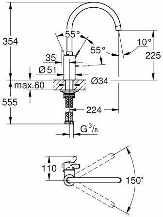 Technische Zeichnung 4077837 GROHE Einhand-Spültischbatterie Eurosmart C 32843 hoher Auslauf chrom