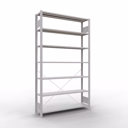 Grundregal, Büro-Fachbodenregal Stecksystem MULTIplus85, 2300 x 1300 x 300 mm (HxBxT), 7 Fachböden, Kreuzstrebe, ohne Anschlagleiste, lichtgrau aus der Kategorie Stecksystem mit der Artikelnummer 36032