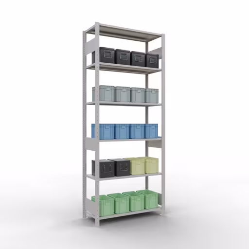 Andere Ansicht des Artikels Grundregal, Fachbodenregal Stecksystem MULTIplus150, 2500 x 1000 x 400 mm (HxBxT), 6 Fachböden, Längenriegel, RAL 7035 lichtgrau Andere Ansicht des Artikels Grundregal, Fachbodenregal Stecksystem MULTIplus150, 2500 x 1000 x 400 mm (HxBxT), 6 Fachböden, Längenriegel, RAL 7035 lichtgrau aus der Kategorie Stecksystem