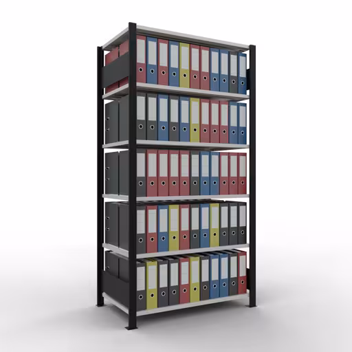 Grundregal, Büro-Fachbodenregal Stecksystem MULTIplus150, 2000 x 1000 x 600 mm (HxBxT), 6 Fachböden, Längenriegel, ohne Mittelanschlag, schwarz/lichtgrau von der Marke Schulte Lagertechnik aus der Produktreihe Büroregale