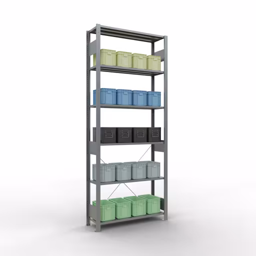 Abbildung Nr 10 des Artikels Grundregal, Fachbodenregal Stecksystem MULTIplus150, 2500 x 1000 x 300 mm (HxBxT), 6 Fachböden, Kreuzstrebe, verzinkt aus der Produktgruppe Stecksystem von der Marke Schulte Lagertechnik