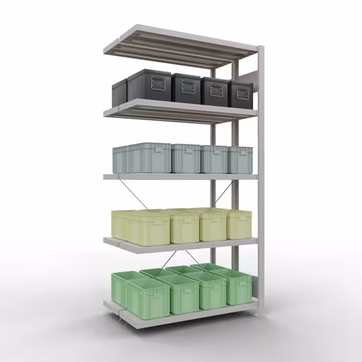 Produktbild Nr.14 des Artikels Anbauregal, Doppelregal, Fachbodenregal Stecksystem MULTIplus250, 2000 x 1000 x (2x300) mm (HxBxT), 2x5 Fachböden, Kreuzstrebe, RAL 7035 lichtgrau aus der Produktreihe Fachbodenregale von der Marke Schulte Lagertechnik