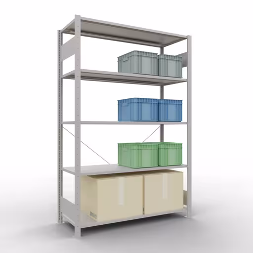 Stecksystem Grundregal 2000x1300x500 mm, Typ 150 kg, lichtgrau mit der GTIN 4004514292964 Stecksystem Grundregal 2000x1300x500 mm, Typ 150 kg, lichtgrau von Schulte Lagertechnik mit der Artikelnr. 32650-130