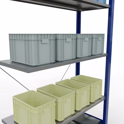 Andere Ansicht des Artikels Anbauregal, Fachbodenregal Stecksystem MULTIplus150, 2000 x 1000 x 400 mm (HxBxT), 5 Fachböden, Kreuzstrebe, RAL 5010/verzinkt aus der Kategorie Stecksystem