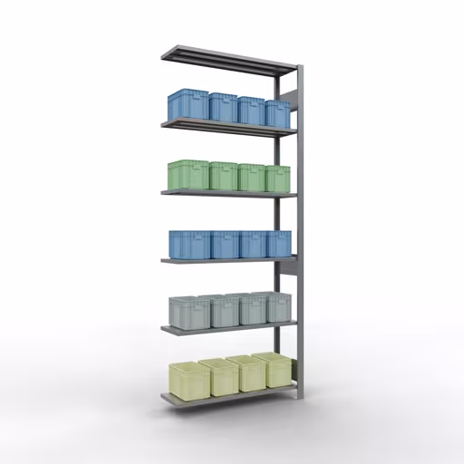 Andere Ansicht des Artikels Anbauregal, Fachbodenregal Stecksystem MULTIplus150, 2500 x 1000 x 300 mm (HxBxT), 6 Fachböden, Längenriegel, verzinkt aus der Kategorie Anbauregal