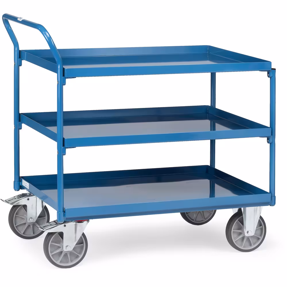 Tischwagen 4930 Breite 500 mm, Länge 850 mm von der Marke Fetra Tischwagen Wannen 400 kg 3 Etagen Stahlrohrbügel und Stahlblechwannen werden miteinander verschraubt, Wannen öldicht Typ Ladeflächenbreite: 500 mm aus der Kategorie Tischwagen mit der Artikelnr. 4930
