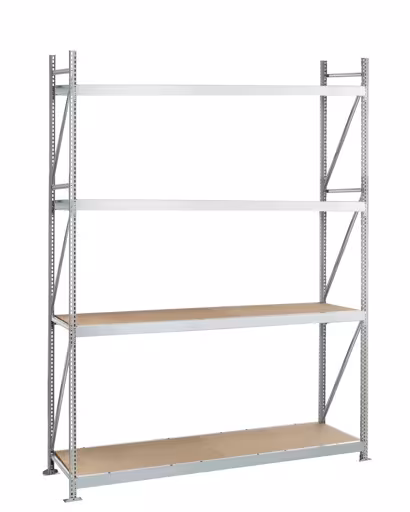 Grundregal, Weitspannregal WS 3000 mit Spanplatten, 2500 x 2250 x 600 mm, verzinkt, 4 Ebenen, Fachlast 500 kg, Feldlast 2.000 kg aus der Kategorie WS3000 für Fachlasten bis 500kg mit der Artikelnummer 22084