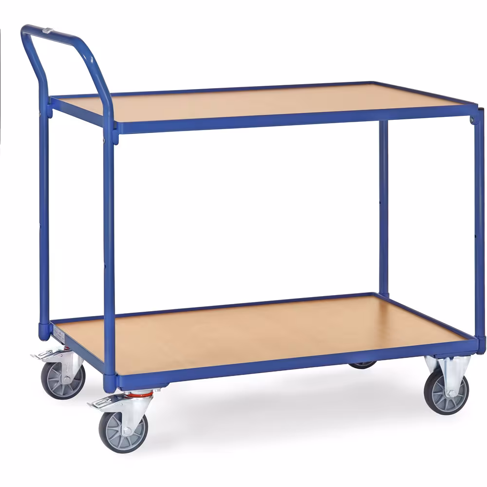 Tischwagen 2740 Breite 500 mm, Länge 850 mm aus der Kategorie Tischwagen mit der GTIN 4017976027401 Tischwagen 300 kg 2 Etagen Schraubkonstruktion. 2 Böden aus Holzwerkstoffplatte, Oberfläche Buchendekor, im Stahlrahmen liegend von der Marke Fetra aus der Kategorie Tischwagen