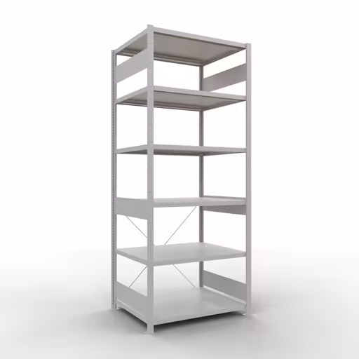 Grundregal, Fachbodenregal Stecksystem MULTIplus330, 2500 x 1000 x 800 mm (HxBxT), 6 Fachböden, Kreuzstrebe, RAL 7035 lichtgrau von der Marke Schulte Lagertechnik Grundregal, Fachbodenregal Stecksystem MULTIplus330, 2500 x 1000 x 800 mm (HxBxT), 6 Fachböden, Kreuzstrebe, RAL 7035 lichtgrau aus der Kategorie Grundregal mit der Artikelnummer 33881