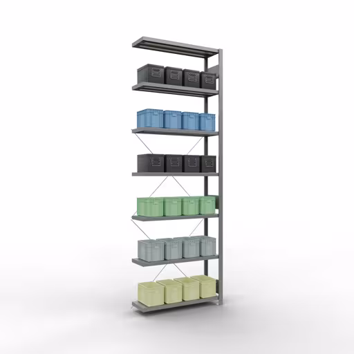 Zusatzbild des Artikels Anbauregal, Fachbodenregal Stecksystem MULTIplus250, 3000 x 1000 x 300 mm (HxBxT), 7 Fachböden, Kreuzstrebe, verzinkt Zusatzbild des Artikels Anbauregal, Fachbodenregal Stecksystem MULTIplus250, 3000 x 1000 x 300 mm (HxBxT), 7 Fachböden, Kreuzstrebe, verzinkt aus Anbauregal