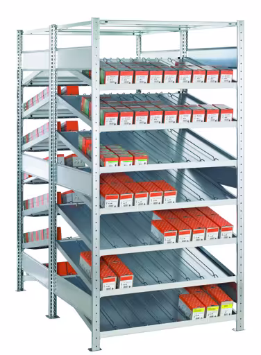 Anbauregal, Doppel-Kanbanregal MULTIplus150, 2000 x 1000 x 2x800 mm (HxBxT), verzinkt, 2x(7+1) Fachböden, ohne Trenn- und Seitenführungen aus der Kategorie Kanbanregale mit der Artikelnummer 21786