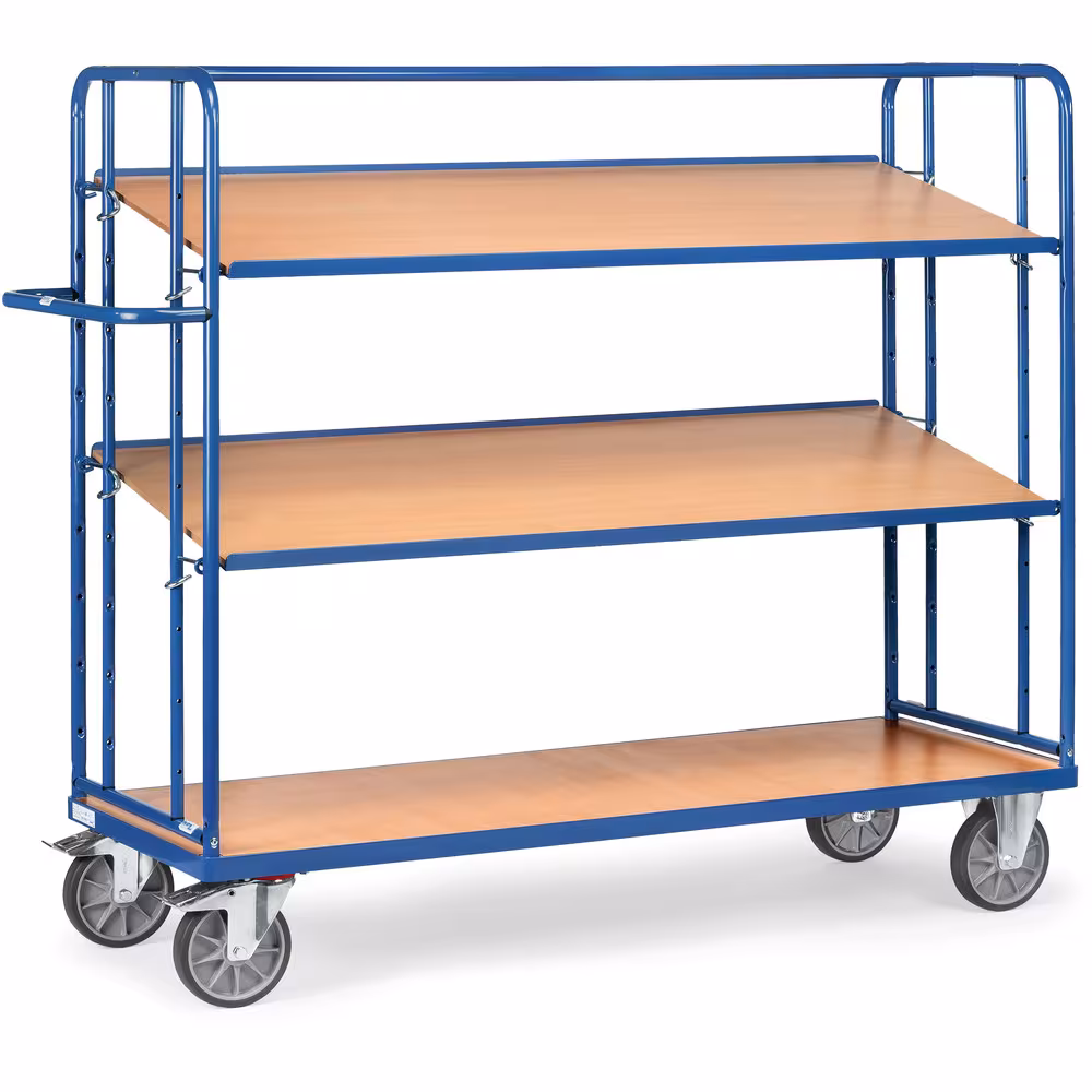 Etagenwagen 4295 mit 3 Böden Breite 610 mm, Länge 1250 mm von der Marke Fetra Etagenwagen neigbar 3 Etagen 1 fester und 2 lose Böden aus Holzwerkstoffplatte, Oberfläche Buchendekor, eingelegt in Winkelstahl Typ Ladeflächenbreite: 610 mm aus der Kategorie Etagenwagen mit der Artikelnr. 4295