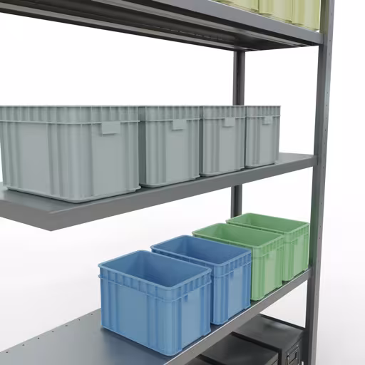 Abbildung Nr 13 des Artikels Anbauregal, Fachbodenregal Stecksystem MULTIplus250, 2000 x 1300 x 400 mm (HxBxT), 5 Fachböden, Längenriegel, verzinkt aus der Produktgruppe Stecksystem von der Marke Schulte Lagertechnik
