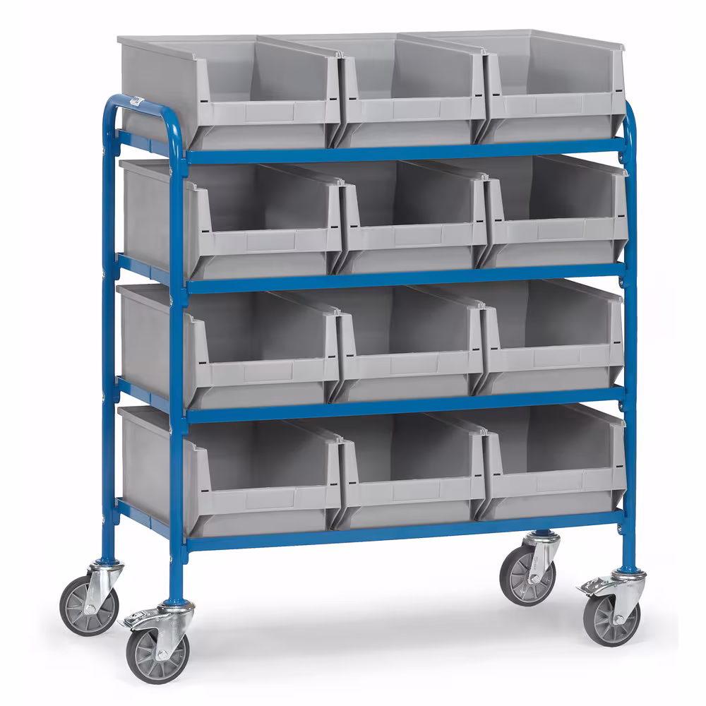 Beistellwagen 32941 - mit 12 Kästen pulverbeschichtet blau RAL 5007, Schraubkonstruktion, 4 Etagen mit Holzwerkstoffplatten aus der Kategorie Etagenwagen mit der Artikelnummer 32941