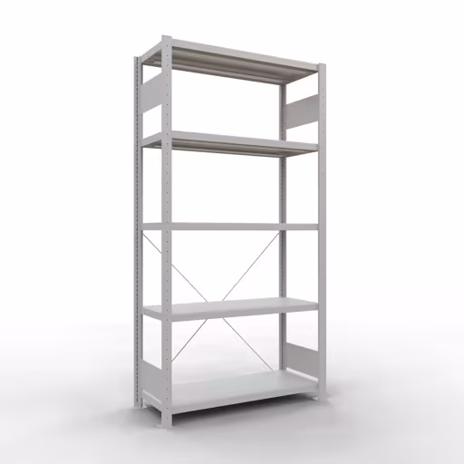 Grundregal, Fachbodenregal Stecksystem MULTIplus330, 2000 x 1000 x 400 mm (HxBxT), 5 Fachböden, Kreuzstrebe, RAL 7035 lichtgrau von der Marke Schulte Lagertechnik Grundregal, Fachbodenregal Stecksystem MULTIplus330, 2000 x 1000 x 400 mm (HxBxT), 5 Fachböden, Kreuzstrebe, RAL 7035 lichtgrau aus der Kategorie Grundregal mit der Artikelnummer 33840