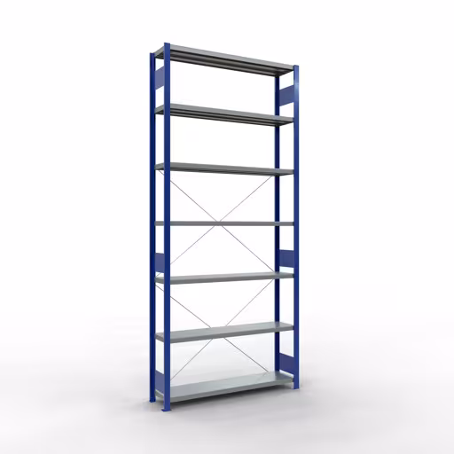 Grundregal, Fachbodenregal Stecksystem MULTIplus250, 3000 x 1300 x 300 mm (HxBxT), 7 Fachböden, Kreuzstrebe, RAL 5010 enzianblau/verzinkt aus der Kategorie Grundregal mit der Artikelnummer 12932-130-B