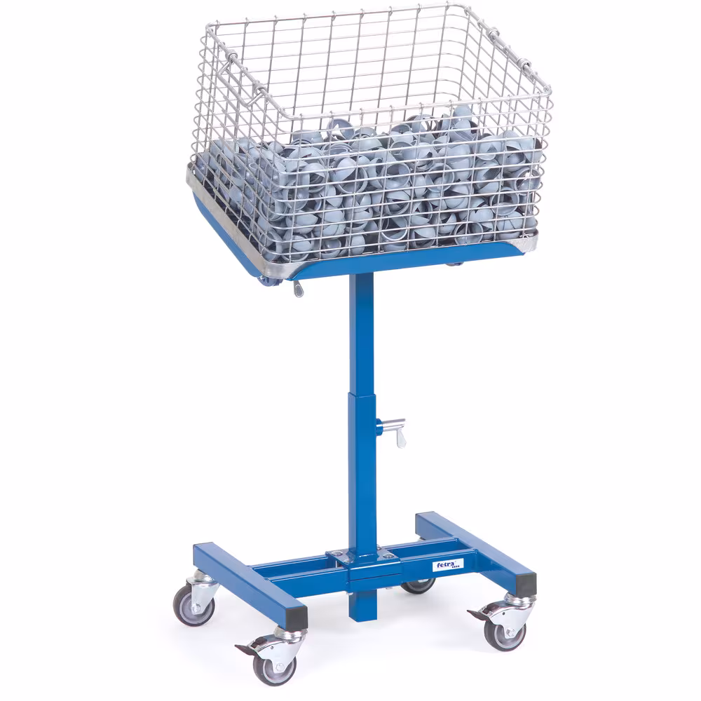 Materialständer neigbar Für Kunststoffkästen, Stahlblechkästen, Drahtkörbe, höhenverstellbar und fahrbar Ausführung Höhenverstellbar von-bis: 505-775 mm mit der GTIN 4017976032801 Materialständer 3280 Höhe 505-775 mm von Fetra mit der Artikelnr. 3280