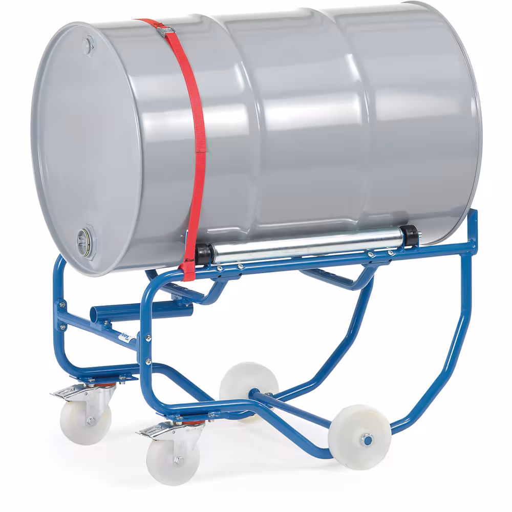 Fasskipper 2016 zum Lagern und Entleeren von 200-Liter-Stahlfässern, Stahlrohr-Konstruktion, verschraubt, pulverbeschichtet blau RAL 5007 von der Marke Fetra aus der Produktreihe Transportsysteme