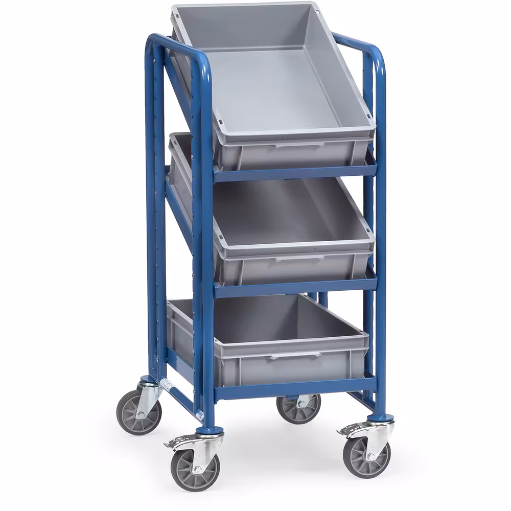 Eurokastenwagen 2382 - mit 3 Kästen ulverbeschichtet RAL 5007, Schraubkonstruktion, Offene Etagenrahmen variabel einschraubbar, Raster 50 mm von der Marke Fetra aus der Produktreihe Transportsysteme