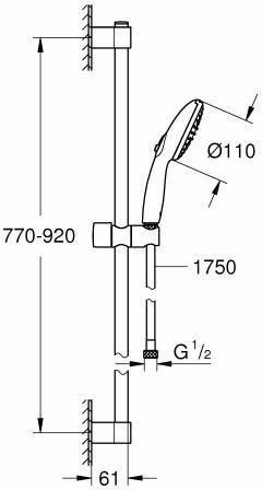 Technische Zeichnung 4056803 GROHE Brausestangenset Tempesta 110 27646_3 900 mm 2 Strahl 13,5 l/min chrom