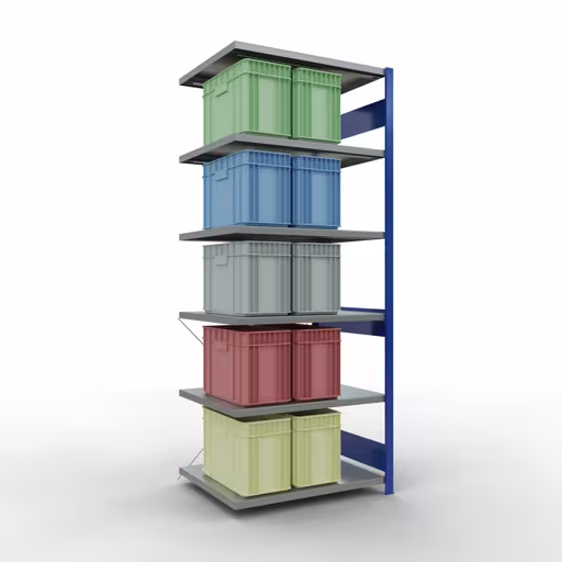 Abbildung Nr 12 des Artikels Anbauregal, Fachbodenregal Stecksystem MULTIplus330, 2500 x 1000 x 800 mm (HxBxT), 6 Fachböden, Kreuzstrebe, RAL 5010 enzianblau/verzinkt aus der Produktgruppe Stecksystem von der Marke Schulte Lagertechnik