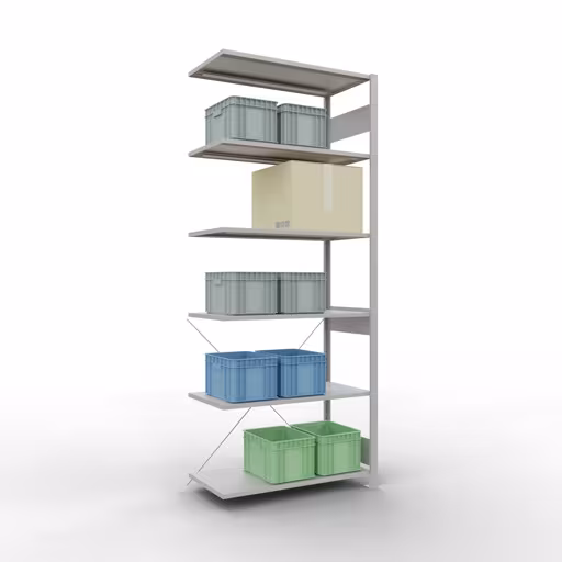 Produktbild Nr 14 des Artikels Anbauregal, Fachbodenregal Stecksystem MULTIplus150, 2500 x 1000 x 500 mm (HxBxT), 6 Fachböden, Kreuzstrebe, RAL 7035 lichtgrau Abbildung Nr 14 des Artikels Anbauregal, Fachbodenregal Stecksystem MULTIplus150, 2500 x 1000 x 500 mm (HxBxT), 6 Fachböden, Kreuzstrebe, RAL 7035 lichtgrau aus der Produktgruppe Stecksystem von der Marke Schulte Lagertechnik