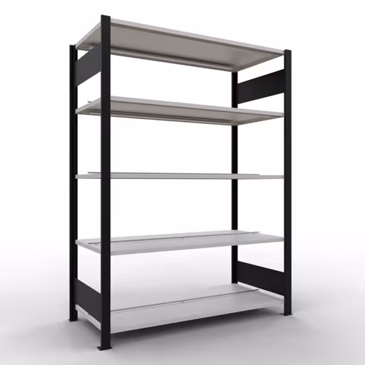 Grundregal, Büro-Fachbodenregal Stecksystem MULTIplus150, 1800 x 1300 x 600 mm (HxBxT), 5 Fachböden, Längenriegel, mit Mittelanschlag, schwarz/lichtgrau aus der Kategorie Stecksystem mit der Artikelnummer 36038-S
