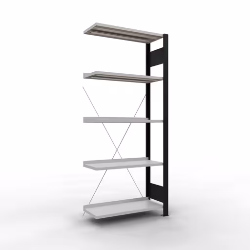 Anbauregal, Büro-Fachbodenregal Stecksystem MULTIplus85, 1800 x 750 x 300 mm (HxBxT), 5 Fachböden, Kreuzstrebe, mit Anschlagleiste, schwarz/lichtgrau aus der Kategorie Stecksystem mit der Artikelnummer 36003-S