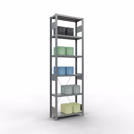 Andere Ansicht des Artikels Grundregal, Fachbodenregal Stecksystem MULTIplus250, 2500 x 750 x 300 mm (HxBxT), 6 Fachböden, Kreuzstrebe, verzinkt aus der Kategorie Stecksystem