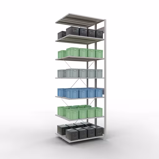 Produktbild Nr.9 des Artikels Anbauregal, Doppelregal, Fachbodenregal Stecksystem MULTIplus150, 3000 x 1000 x (2x800) mm (HxBxT), 2x7 Fachböden, Kreuzstrebe, RAL 7035 lichtgrau aus der Produktreihe Fachbodenregale von der Marke Schulte Lagertechnik