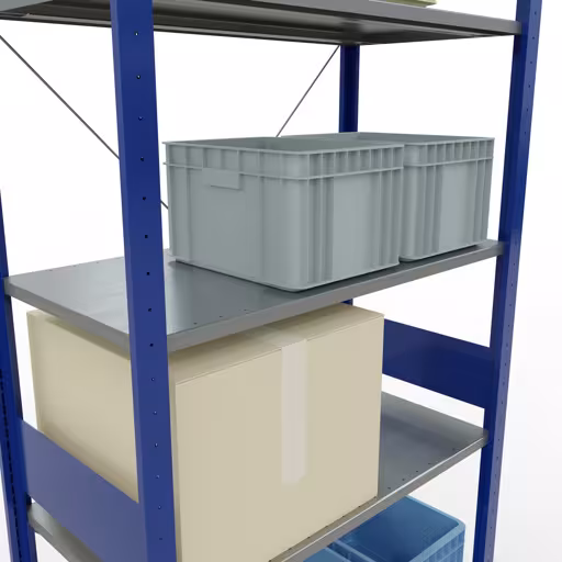 Zusatzbild des Artikels Grundregal, Fachbodenregal Stecksystem MULTIplus85, 3000 x 1000 x 500 mm (HxBxT), 7 Fachböden, Kreuzstrebe, RAL 5010 enzianblau aus Grundregal