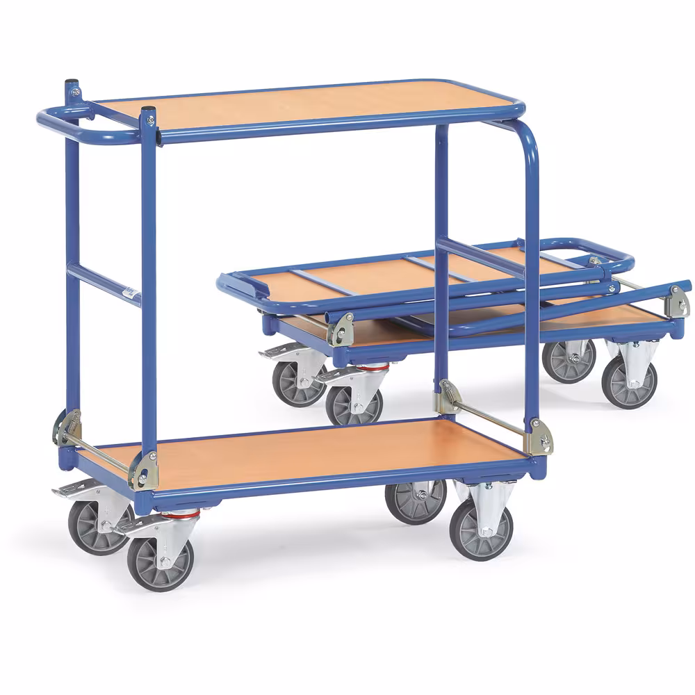 Klapp-Tischwagen brillantblau RAL 5007, Ladefläche aus Holzwerkstoffplatte, Oberfläche Buchendekor aus der Kategorie Klappwagen