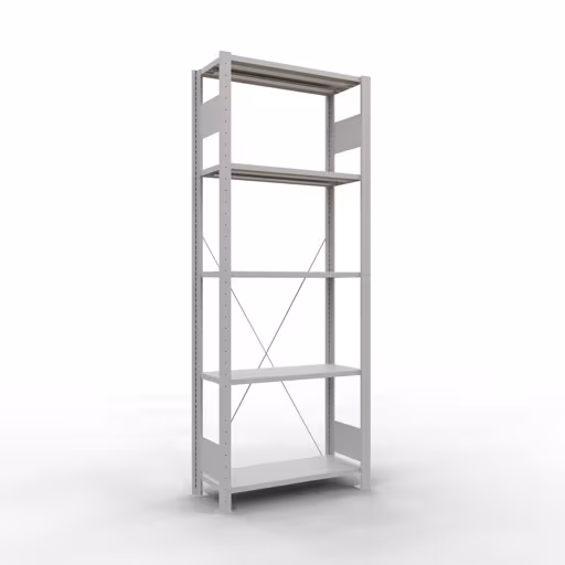 Grundregal, Fachbodenregal Stecksystem MULTIplus150, 2000 x 750 x 300 mm (HxBxT), 5 Fachböden, Kreuzstrebe, RAL 7035 lichtgrau von der Marke Schulte Lagertechnik Grundregal, Fachbodenregal Stecksystem MULTIplus150, 2000 x 750 x 300 mm (HxBxT), 5 Fachböden, Kreuzstrebe, RAL 7035 lichtgrau aus der Kategorie Grundregal mit der Artikelnummer 32630-75