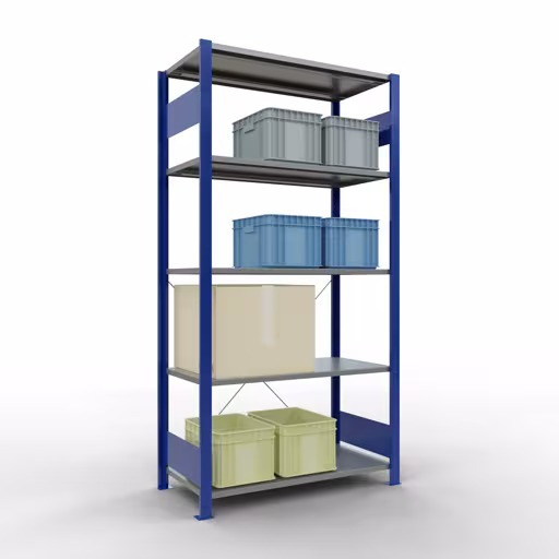 Grundregal, Fachbodenregal Stecksystem MULTIplus85, 2000 x 1000 x 500 mm (HxBxT), 5 Fachböden, Kreuzstrebe, RAL 5010 enzianblau aus der Kategorie Grundregal mit der GTIN 4004514284877 Grundregal, Fachbodenregal Stecksystem MULTIplus85, 2000 x 1000 x 500 mm (HxBxT), 5 Fachböden, Kreuzstrebe, RAL 5010 enzianblau von der Marke Schulte Lagertechnik aus der Produktreihe Stecksystem