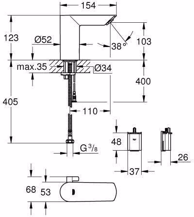 Technische Zeichnung 4060394 GROHE Waschtisch-IR-Elektronik Bau Cosmopolitan E 36451 mit Mischung 6 Volt chrom