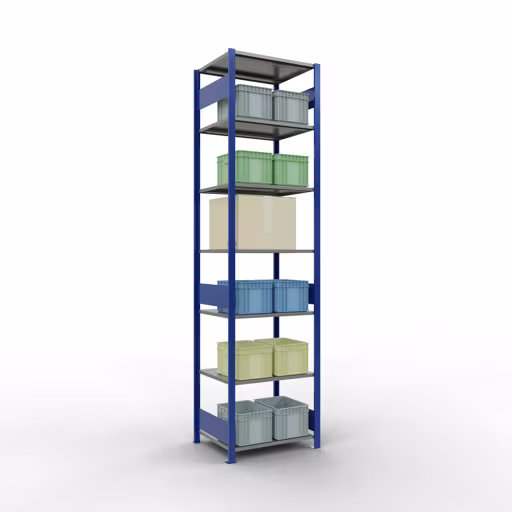Produktbild Nr.12 des Artikels Grundregal, Fachbodenregal Stecksystem MULTIplus150, 3000 x 750 x 600 mm (HxBxT), 7 Fachböden, Längenriegel, RAL 5010 enzianblau/verzinkt/verzinkt aus der Produktreihe Stecksystem von der Marke Schulte Lagertechnik