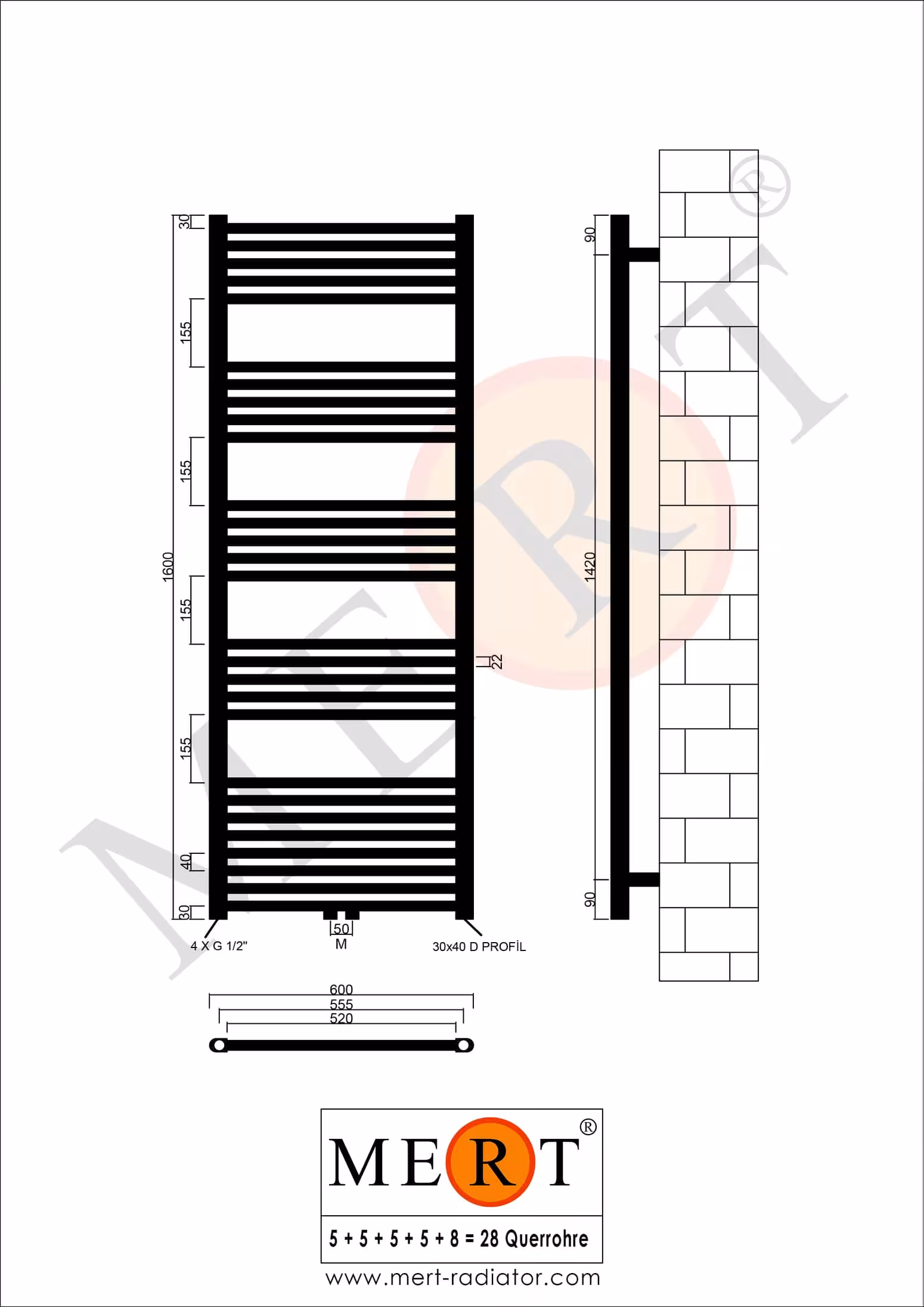 MERT Badheizkörper Chrom gerade, 600*1600 mm, Mittelanschluss von der Marke MERT aus der Kategorie Heizkörper