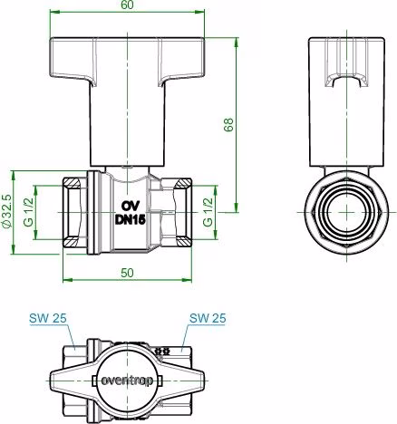 Technische Zeichnung 4096742 Knebelgriff-Kugelhahn Optibal PN 16, Messing DN 15, 1/2Zoll IG OVENTROP