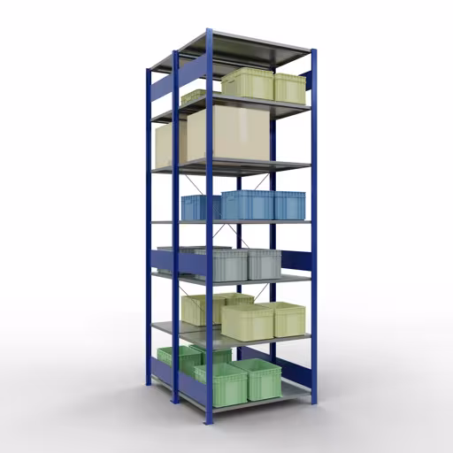 Zusatzbild des Artikels Grundregal, Doppelregal, Fachbodenregal Stecksystem MULTIplus150, 3000 x 1000 x (2x1200) mm (HxBxT), 2x7 Fachböden, Kreuzstrebe, RAL 5010 enzianblau Zusatzbild des Artikels Grundregal, Doppelregal, Fachbodenregal Stecksystem MULTIplus150, 3000 x 1000 x (2x1200) mm (HxBxT), 2x7 Fachböden, Kreuzstrebe, RAL 5010 enzianblau aus Doppelregale