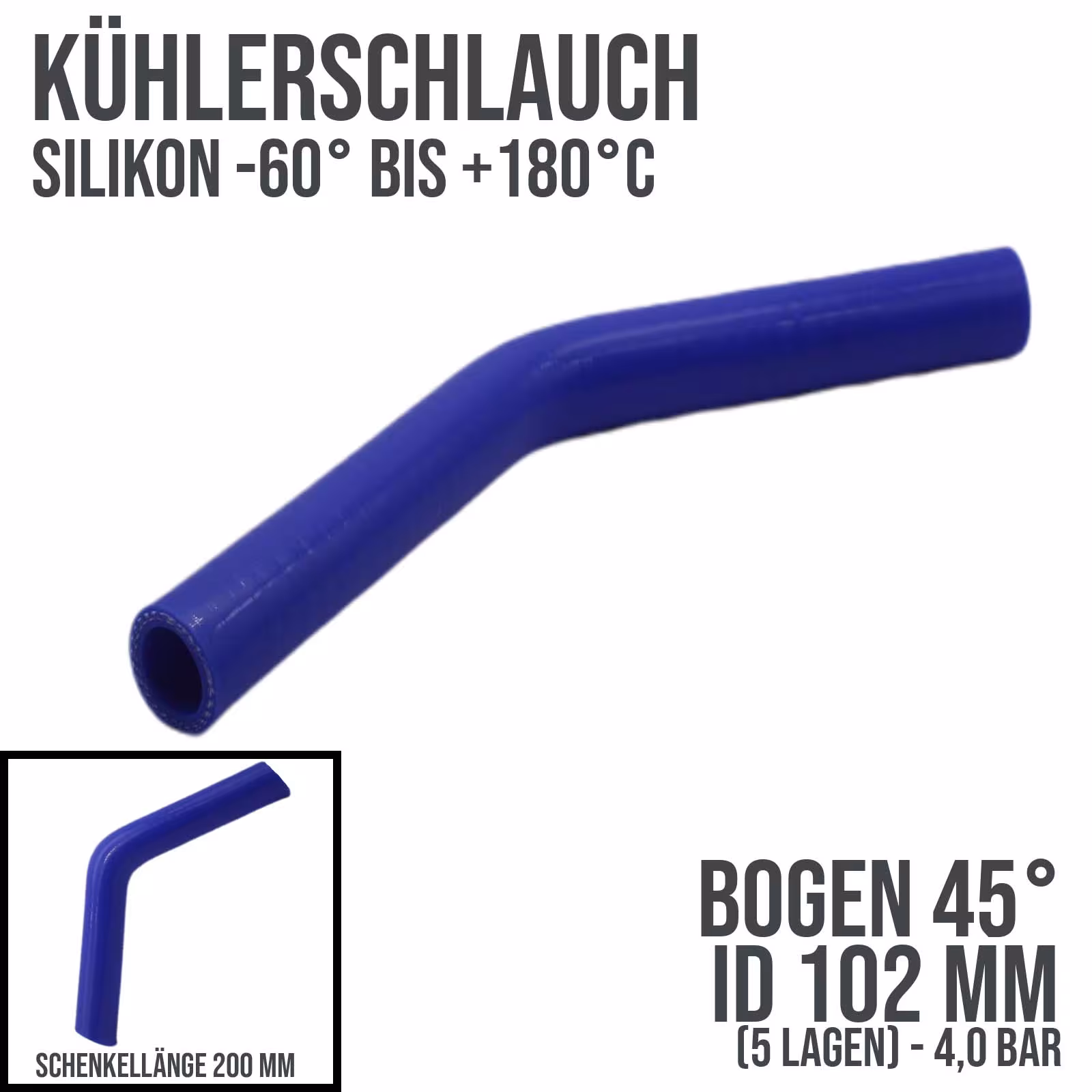 102 x 112 mm Kühlerschlauch Silikon Bogen 45° LLK Ladeluft Kühlmittel Schlauch blau (4,0 bar) - 200 mm aus der Kategorie Kühlwasserschläuche mit der Artikelnummer KSB102-045-200GA