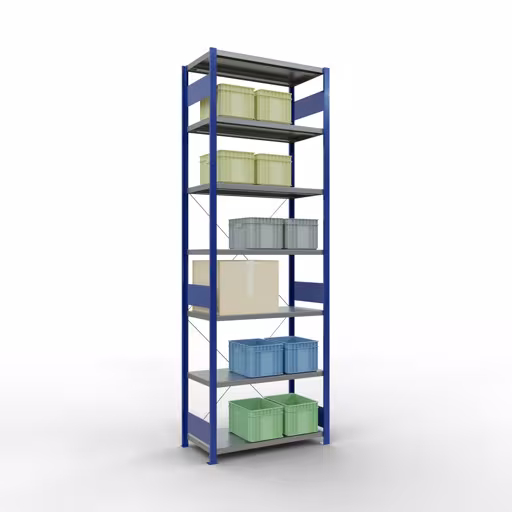 Produktbild Nr.11 des Artikels Grundregal, Fachbodenregal Stecksystem MULTIplus250, 3000 x 1000 x 500 mm (HxBxT), 7 Fachböden, Kreuzstrebe, RAL 5010 enzianblau/verzinkt aus der Produktreihe Stecksystem von der Marke Schulte Lagertechnik