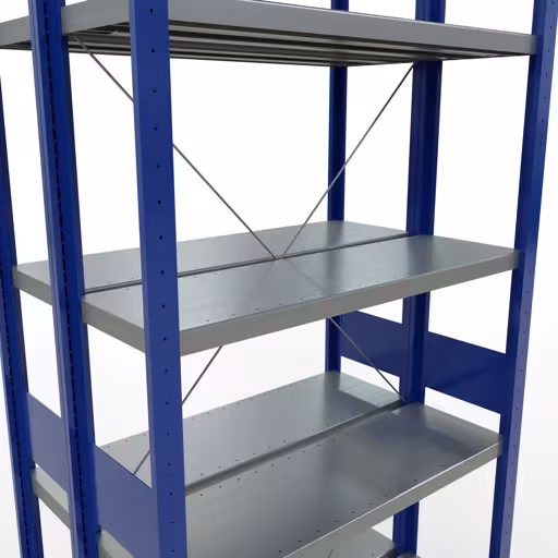 Produktbild Nr 13 des Artikels Grundregal, Doppelregal, Fachbodenregal Stecksystem MULTIplus250, 3000 x 1000 x (2x300) mm (HxBxT), 2x7 Fachböden, Kreuzstrebe, enzianblau Abbildung Nr 13 des Artikels Grundregal, Doppelregal, Fachbodenregal Stecksystem MULTIplus250, 3000 x 1000 x (2x300) mm (HxBxT), 2x7 Fachböden, Kreuzstrebe, enzianblau aus der Produktgruppe Fachbodenregale von der Marke Schulte Lagertechnik