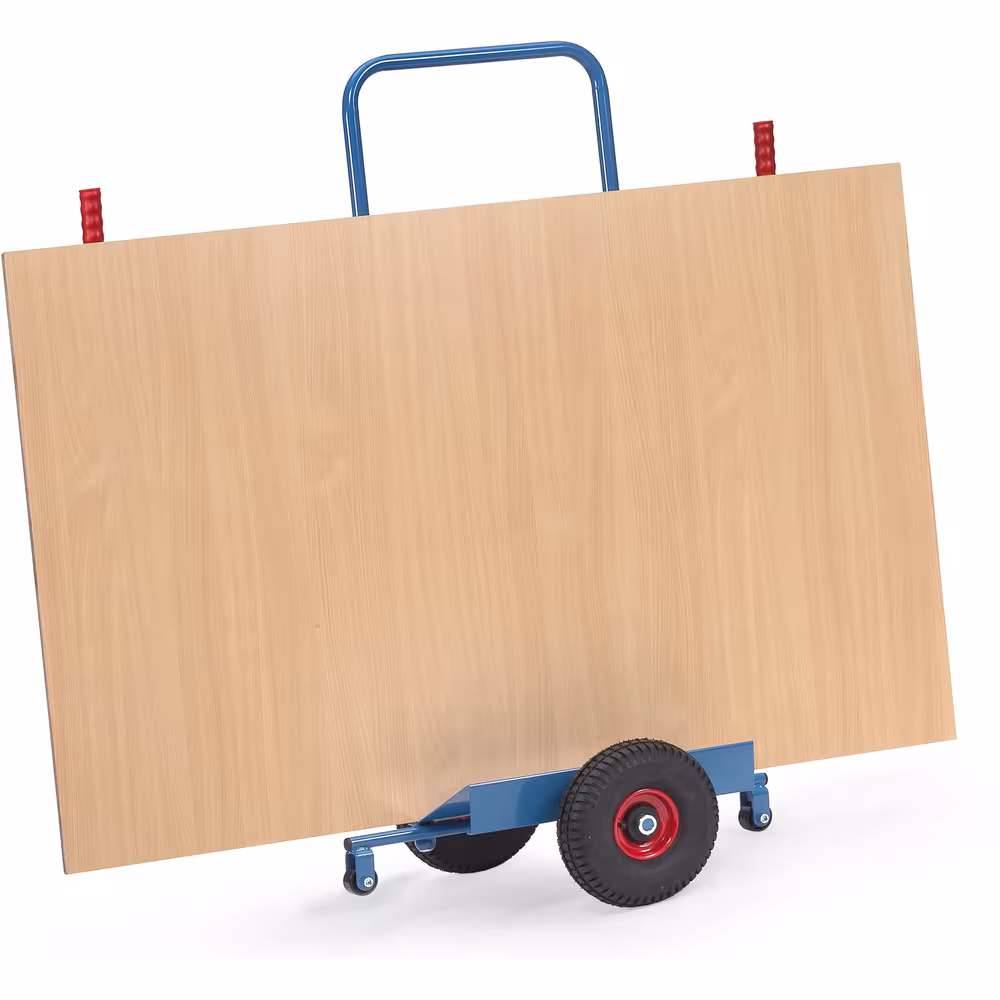 Plattenkarre Stahlrohr-Konstruktion mit Stahlblechschaufel, pulverbeschichtet blau RAL 5007 Ausführung Bereifung: Luft mit der GTIN 4017976010762 Plattenkarre 1076 Bereifung Luft von Fetra mit der Artikelnr. 1076