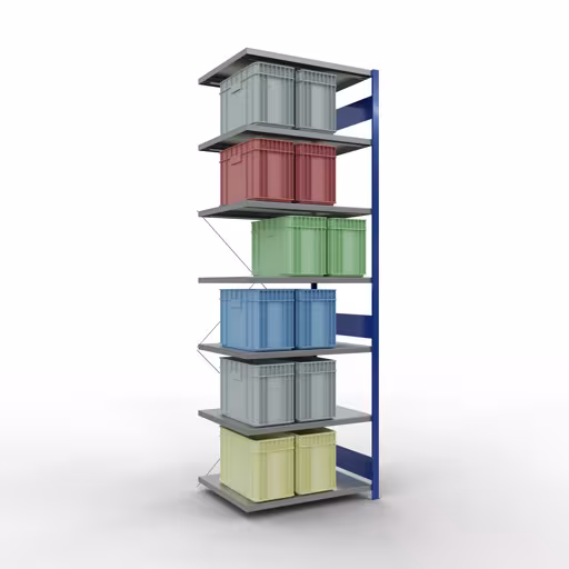 Andere Ansicht des Artikels Anbauregal, Fachbodenregal Stecksystem MULTIplus250, 3000 x 1000 x 800 mm (HxBxT), 7 Fachböden, Kreuzstrebe, RAL 5010 enzianblau/verzinkt Andere Ansicht des Artikels Anbauregal, Fachbodenregal Stecksystem MULTIplus250, 3000 x 1000 x 800 mm (HxBxT), 7 Fachböden, Kreuzstrebe, RAL 5010 enzianblau/verzinkt aus der Kategorie Stecksystem