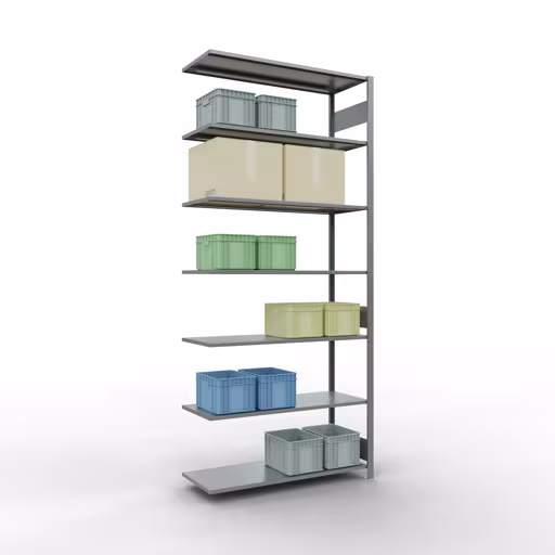 Anbauregal, Fachbodenregal Stecksystem MULTIplus150, 3000 x 1300 x 500 mm (HxBxT), 7 Fachböden, Längenriegel, verzinkt mit der GTIN 4004514280756 Anbauregal, Fachbodenregal Stecksystem MULTIplus150, 3000 x 1300 x 500 mm (HxBxT), 7 Fachböden, Längenriegel, verzinkt von Schulte Lagertechnik mit der Artikelnr. 12757-130-LR