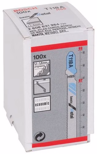 Stichsägeblatt T 118 A Gesamtlänge 92 mm Zahnteilung 1,1-1,5 mm HSS 100 Stück / Karte BOSCH